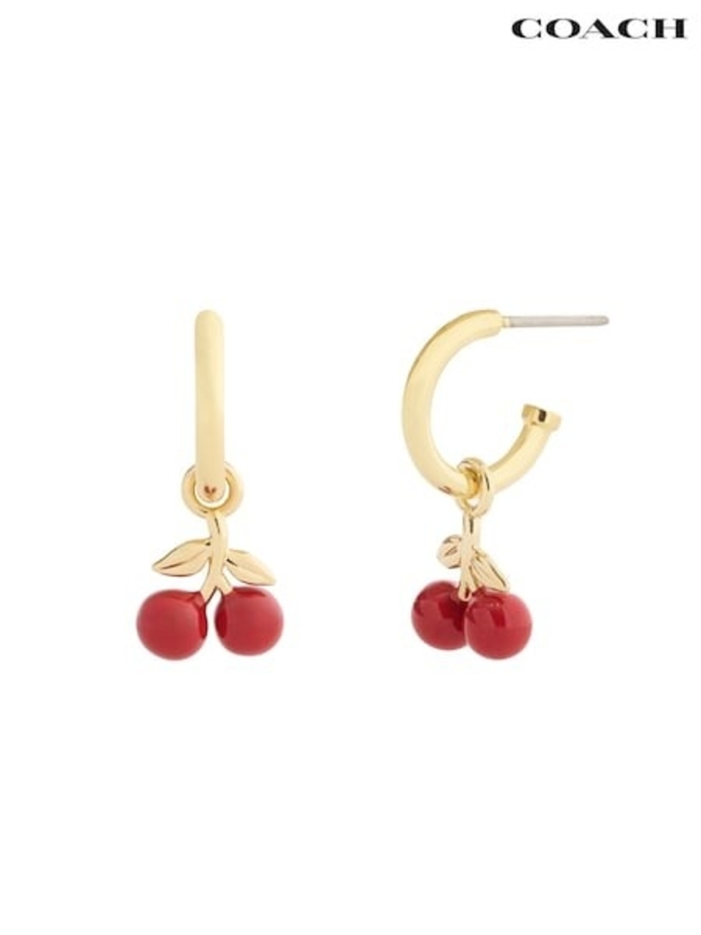 Coach Gold-Tone Cherry Hoop Earrings with Red Enamel Charms - Picture 2 of 4